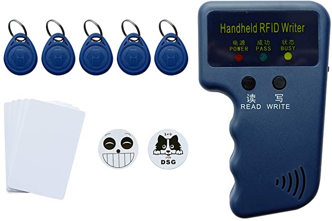 125Khz RFID Reader Writer - ID Card Compatible With Proximity Key Card Reader Duplicator Copier EM4100 Card Reader Writer Including 3M Sticker 2Pcs, Blank Card 5Pcs, RFID Key Fob 5Pcs