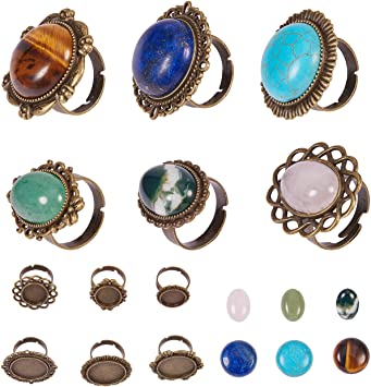 SUNNYCLUE 6pcs Antique Bronze Adjustable Blank Flower Cabochon Ring Settings with 6pcs Round Oval 20mm/13x18mm Gemstone Cabochons for DIY Ring Making