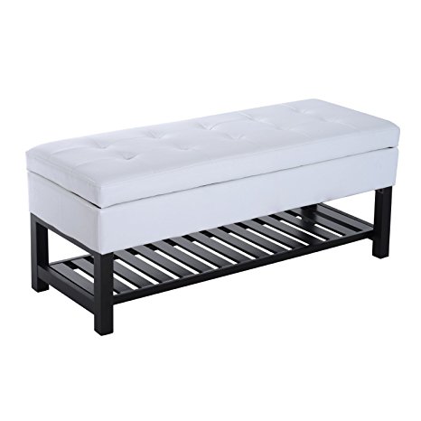 HomCom 44” PU Leather Tufted Shoe Rack Ottoman Storage Bench - White