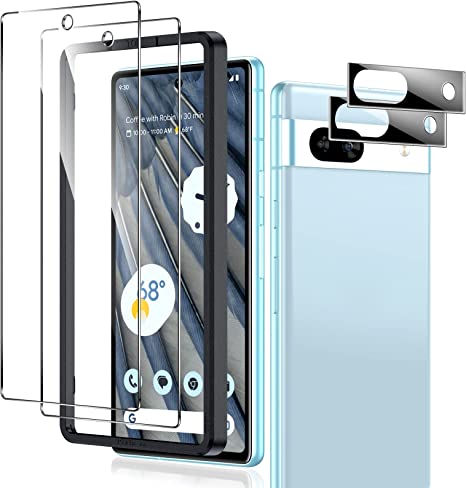 LK 2 Pack for Google Pixel 7a Screen Protector with 2 Pack Camera Lens Protector, HD Ultra-thin, 9H Hardness Tempered Glass Screen Protector for Pixel 7a [Fingerprint Compatible] Case Friendly