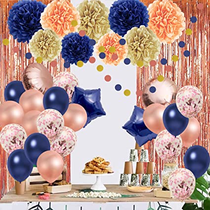 Ouddy Rose Gold and Navy Blue Balloons Party Decorations, Paper Flowers Metallic Fringe Curtains Circle Garland for Birthday Boys Girls Baby Shower Gender Reveal Bachelorette Party Supplies