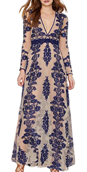 R.Vivimos Women Long Sleeve V Neck Floral Embroidered Elegant A-Line Maxi Dress