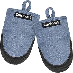 Cuisinart Mini Oven Mitts – 5.5” x 7” Heat-Resistant Kitchen Mitts for Oven with Non-Slip Neoprene Palm, Cotton Filling, and Fabric Loop – Durable Oven Mitt Set for Cooking & Baking (Chambray)