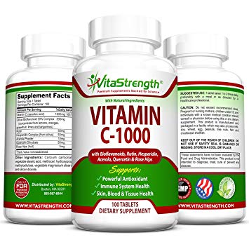 Vitamin C-1000 Complete Complex with Bioflavonoids, Rutin, Aceroia, Hesperidin, Quercetin and Rose Tips- 1000 Milligrams – Powerful Antioxidant – Immune System Health – 100 Days Worth