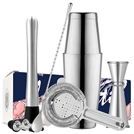 Boston Cocktail Shaker Bar Set By Homestia 8-Piece: 18oz & 28oz Shaker Tins, Hawthorne Cocktail Strainer, Double Jigger, 12'' Mixing Spoon, 7'' Drink Muddler and 2 Cocktail Pourer (Silver)