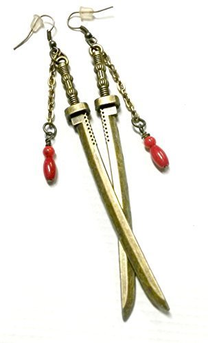 Katana Earrings brass with blood drops handmade gift by Aunt Matildas Jewelry Box