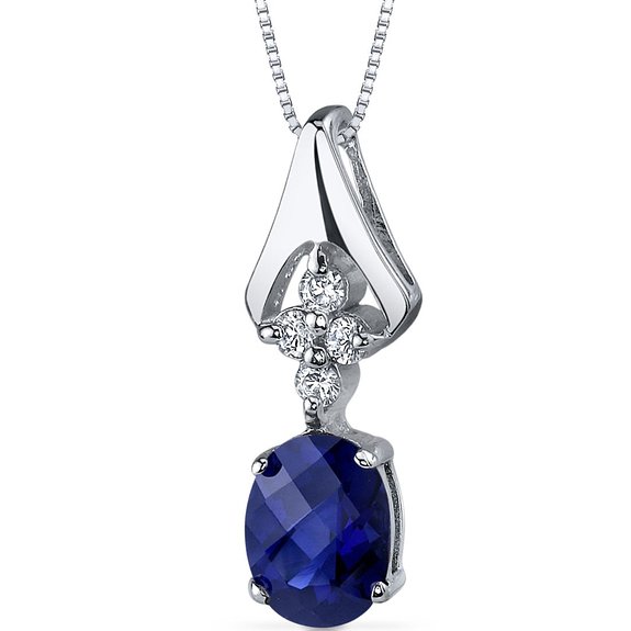 Created Sapphire Pendant Necklace Sterling Silver Rhodium Nickel Finish 1.75 Carats CZ Accent