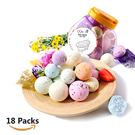 QQcute Bath Bombs Kit Best Family Spa Set, Pack of 18 Bath Fizzies with Natural Ingredients for Moisturizing Dry Skin, Including 3 Organic Dried Flower Petals Bags，Add to Bubble Bath