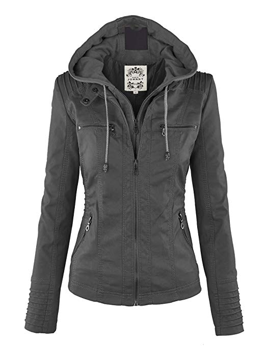 Made By Johnny MBJ Womens Faux Leather Motorcycle Jacket with Hoodie