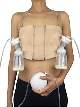 Multitask While Pumping for Breastfeeding Mothers Hands-Free Breast Pump Bra with Free Extender Panel and Magic Tape, Beige L
