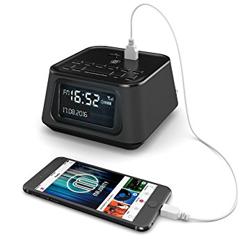 Madingley Hall Bedside Digital FM Radio Alarm Clock - 2 USB Charging Ports - Mains Powered (Black)