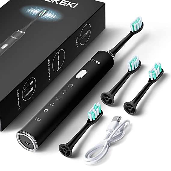 Sonic Electric Toothbrush Whitening Toothbrush Rechargeable with 4 Dupont Brush Heads & Travel Case, Adult Waterproof Ultrasonic Toothbrush with 5 Modes & Smart Timer by HOKEKI (Black)