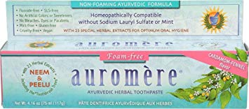 Ayurvedic Herbal Toothpaste Foam-Free Cardamom-Fennel by Auromere - Fluoride-Free, Natural, with Neem, Vegan and Sulfate-Free - 4.16 oz