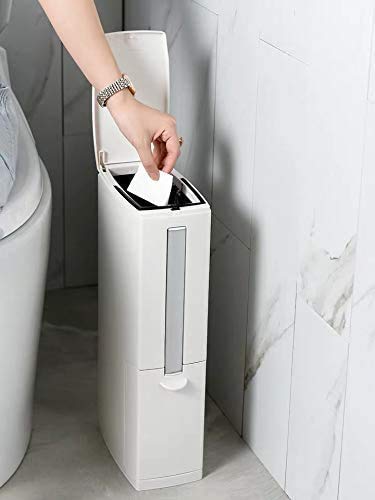 Cq acrylic Slim Plastic Trash Can 2.1 Gallon,Trash can with Toilet Brush Holder,8 Liter Garbage Can with Press Top Lid,White Rectangular Modern Waste Can for Bathroom