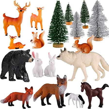 18 Piece Woodland Animals Figurines Woodland Creatures Figurines Realistic Plastic Wild Forest Animals Figurines Includes 13 Piece Different Animals and 5 Piece Trees for New Year Birthday Christmas Party