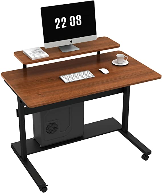 DESIGNA Height Adjustable Stand Up Computer Desk, 41'' Mobile Standing Desk Store Rolling Sit Stand Work Station for Home Office with Wheels CPU Stand Monitor Shelf & Detachable Hutch,Teak