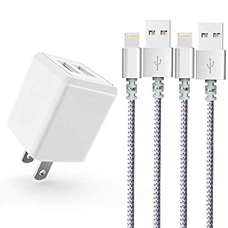 KerrKim Phone Charger, Nylon Braided Cord 6 Feet Extra Long Durable Data Sync Fast USB Plug Cube Dual Port USB Charger Compatible with iPhone X/8/7/6S/6/Plus/5S/5C/SE/5/iPad Mini/iPod and More