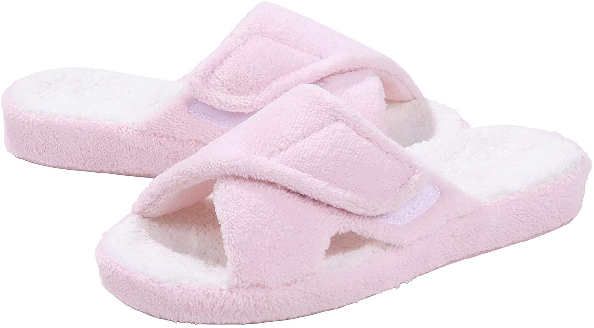 Adjustable House Slippers with Arch Support Open Toe Fuzzy Slide Sandals