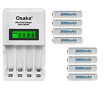 OSAKA 3000mAh HR06 AA Rechargeable Ni-Mh Batteries 8 Pieces with OS-C903 Battery Charger Combo Set