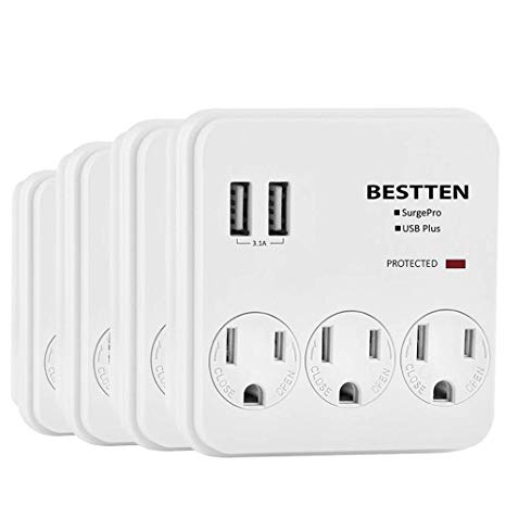 [4 Pack] BESTTEN 3 Outlet Wall Tap Adapter, Surge Protector with Dual USB Charging Ports (2.4A/Port, 3.1A in Total), Plug Extender Splitter, Child-Safe with Safty Cover Block, ETL Certified, White