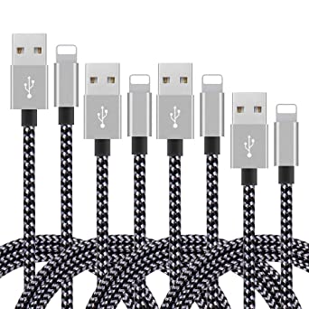Phone Cable 4pcs 3FT 6FT 6FT 10FT Nylon Braided Cord Charger Compatible with PhoneX/Phone8/8Plus/7/7Plus/6/6s/6Plus and More (Black Gray)