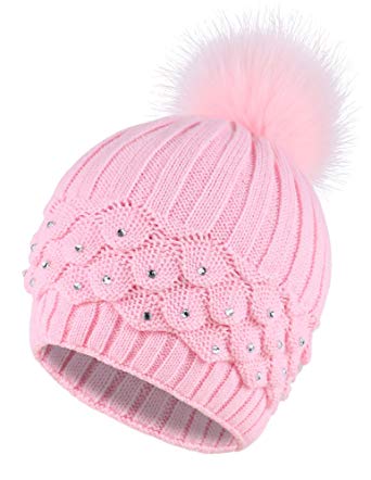 Arctic Paw Horizontal Cable Knit Beanie with Sequins and Faux Fur Pompom