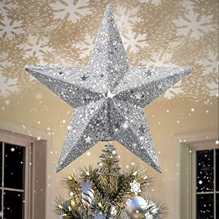 IPOW LED Snowflake Projector Star Christmas Tree Topper, 11.3 Inch Silver Glittered Star Treetop Lighted Rotating Snow Flake for Christmas New Year Holiday Decoration, Night Light Projector for Kids