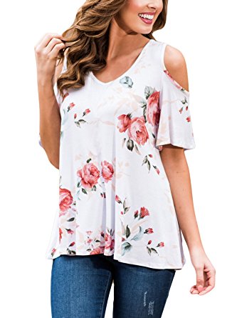 Annflat Women's Floral Print Cut Out Shoulder Short Sleeve T Shirt Blouse(9 Color,S-XXL)