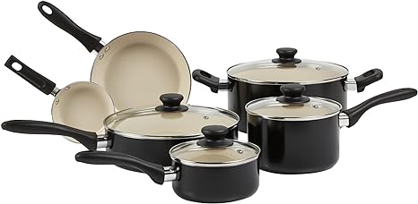 Amazon Basics Ceramic Nonstick Pots and Pans 11 Piece Cookware Set, made without PFOA & PTFE, Black/Cream