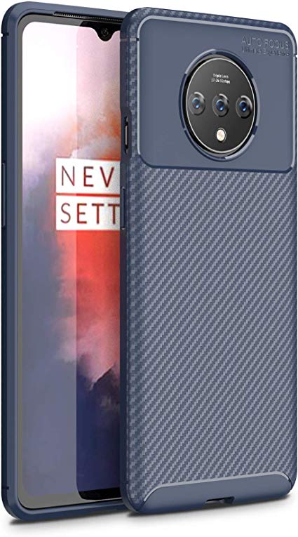 OnePlus 7T Case, Silicone Leather[Slim Thin] Flexible TPU Protective Case Shock Absorption Carbon Fiber Cover for OnePlus 7T Case (Navy)