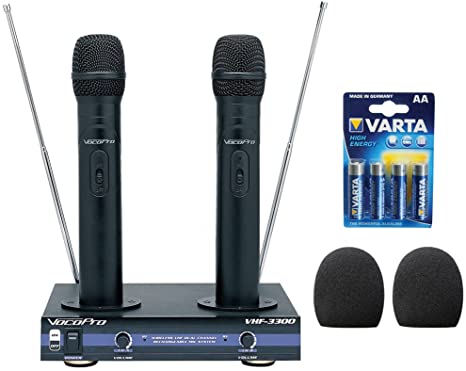 VocoPro VHF-3300-2 Channel VHF Rechargeable Wireless Microphone System with (2) WHF-158 Foam Windscreen and AA LR6 Alkaline Battery (4-Pack)
