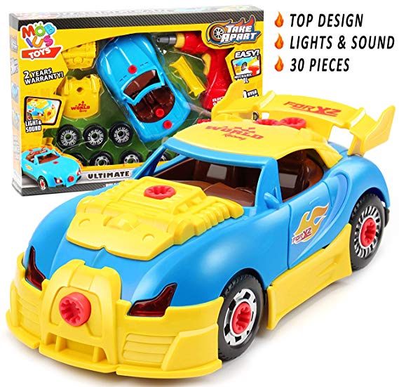 Take Apart Racing Car Toys Constructions Set - Build Your Own Toy Kit (30Pcs), Race Car Toys for Girls & Boys Ages 3 4 5 6 7 8 w/ Toy Tools for Kids Including Engine Sounds & Lights & Drill, Gift Box