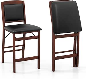 COSTWAY Set of 2 Counter Height Chairs, 24.5” Folding Kitchen Island Stool with Rubber Wood Legs, Footrest, Padded Seat & Backrest, No Assembly Needed, Portable Bar Stools Set for Dining Room Home (2)