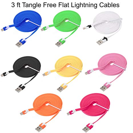 8 Pin USB Flat 3 Foot Tangle Free Lightning Cable Charger Data Cord for iPhone 7 7 Plus 6s 6s Plus 6 6 Plus 5s 5c 5, iPad Pro Air iPad mini, iPod touch- Assorted Colors (Assorted 3 pack)