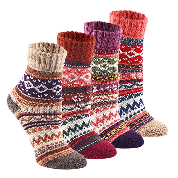 Keaza Womens 4-pack Vintage Style Cotton Knitting Wool Warm Winter Fall Crew Socks