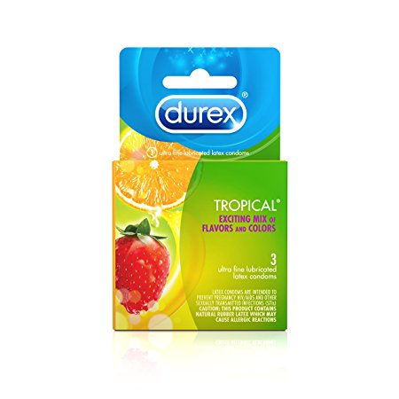 Durex Condom Tropical Natural Latex Condoms, 3 Count - An exciting mix of flavors and colors