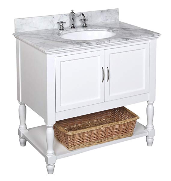 Kitchen Bath Collection KBC005WTCARR Beverly Bathroom Vanity with Marble Countertop, Cabinet with Soft Close Function and Undermount Ceramic Sink, Carrara/White, 36"