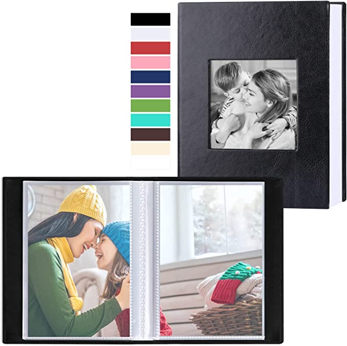 Benjia Photo Album 4x6 100 Pockets 2 Packs, Small Mini Capacity Leather Photo Albums, Each Pack Holds 100 Top Loader Vertical Only Pictures Black
