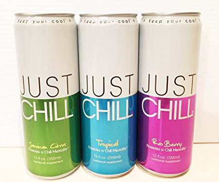 6 Pack - Just Chill - Variety : Tropical, Jamaican Citrus, Rio Berry - 12oz..  Energy Drink Outlet Sticker