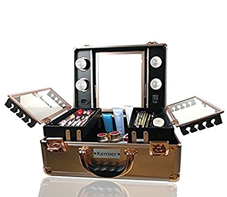 Kemier Makeup Train Case - Cosmetic Organizer Box Makeup Case with Lights and Mirror / Makeup Case with Customized Dividers / Large Makeup Artist Organizer Kit (Rose Gold)