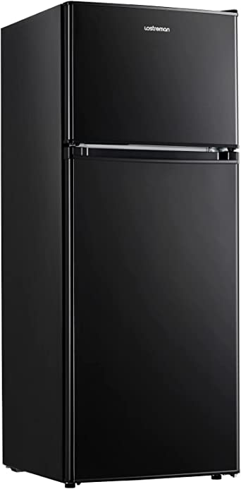 Upstreman 4.0 Cu.Ft Compact Refrigerator with Freezer, Double Door Mini Fridge, Large Capacity Mini Fridge, Adjustable Thermostat, Mini Refrigerator for Dorm, Office, Bedroom, Black-BR401