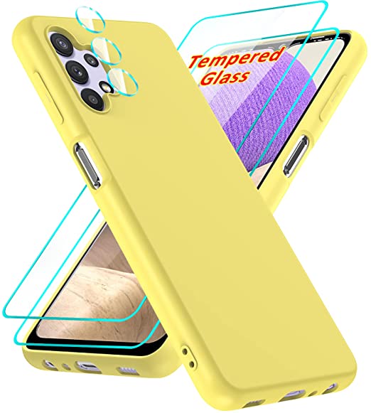 Samsung A32 5G Case, Galaxy A32 5G Case with [2 Pack] Tempered Glass Screen Protector & Camera Lens Protector, LeYi Liquid Silicone Soft Microfiber Liner Phone Case for Samsung Galaxy A32 5G. (Yellow)