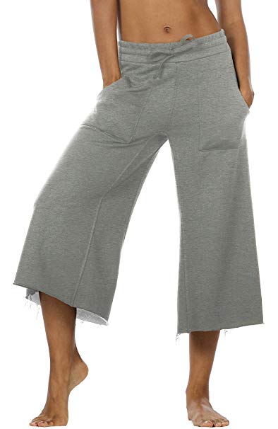 icyzone Culottes Capri Pants for Women - Elastic Waist Wide Leg Joggers Casual Lounge Cotton Sweatpants with Pockets