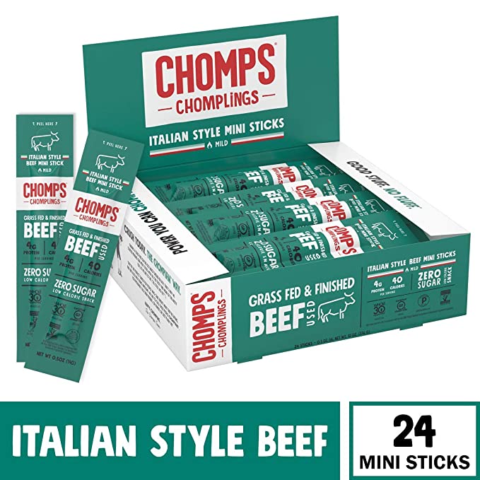 CHOMPS MINI Grass Fed Beef Jerky Meat Snack Sticks, Keto, Paleo, Whole30 Approved, Low Carb, High Protein, Gluten Free, Sugar Free, Non-GMO, Nitrate Free, 40 Calories 0.5 Oz Sticks, Italian Style Beef