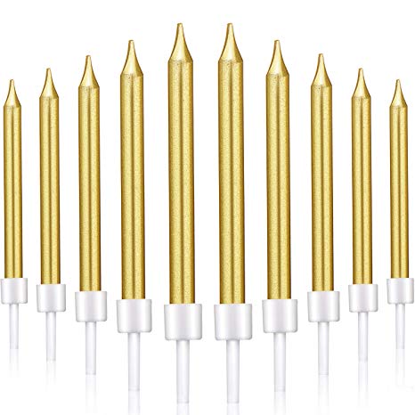 Blulu 50 Pieces Birthday Cake Candles Thin Cake Cupcake Candles in Holders for Birthday Wedding Party Cake Decorations Supplies (Short, Gold)