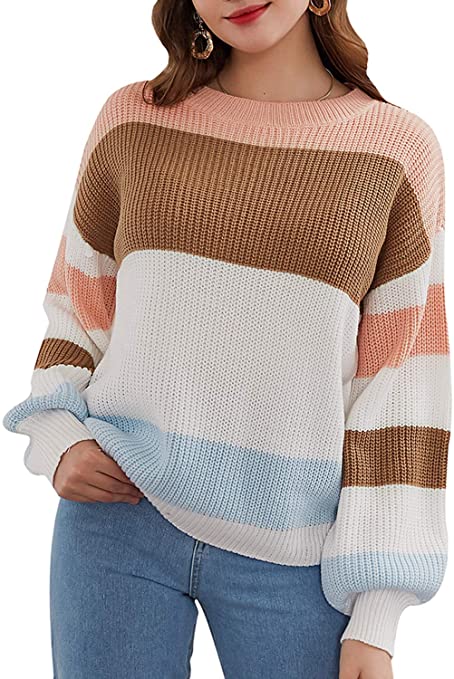 BerryGo Women's Casual Color Block Crew Neck Knitted Pullover Sweater Jumper Tops