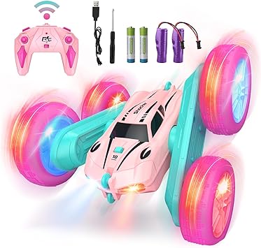 Remote Control Car, Hand Remote RC Cars, 90 Min Playtime, 2.4Ghz Double Sided 360° Rotating RC Crawler with Lights, 4WD Off Road Drift RC Stunt Race Car Gift Toy for Boys and Girls Aged 6-12 Pink