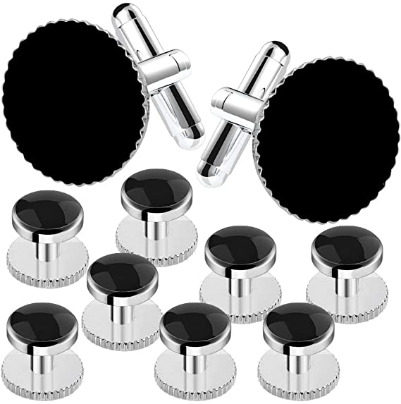 Rovtop Cufflinks and Studs Set for Tuxedo Shirts Business Wedding, Includes 2 Cufflinks and 8 Studs with Screw Design for All Tuxedo Shirts (Black and Silver)