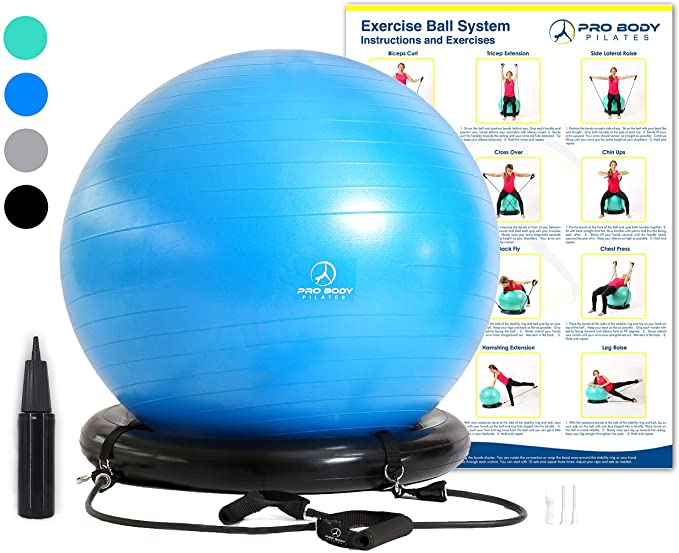 Exercise Ball Chair System - Yoga and Pilates 65 cm Ball with Stability Base and Workout Resistance Bands for Gym, Home, or Office