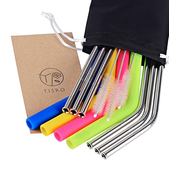 TISRO Reusable Straws, 6 Metal 4 Silicone(BPA Free) Boba Drinking Straws, 3rd.Generation Anti-Scratch Stainless Steel Straws with Cleaning Brushes and Carry Bag.（Black）